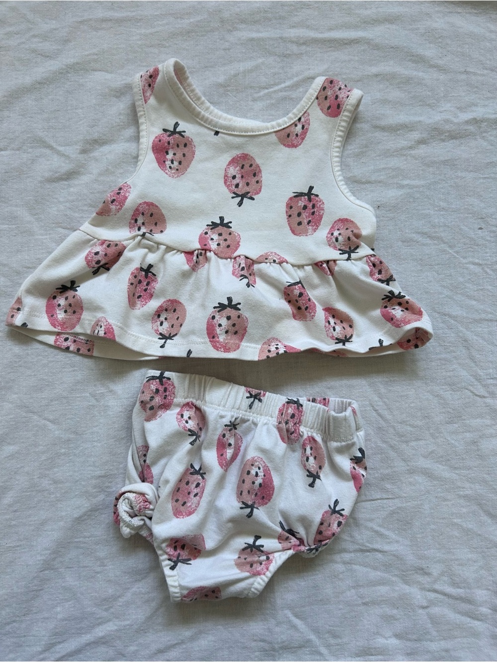 Baby Girls White Strawberry Print Ruffle Tank & Bloomers Set
